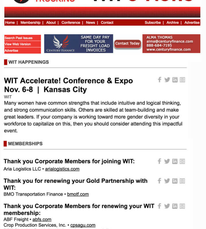Aria Logistics LLC listed as a new corporate member in Women in Trucking WIT e-News