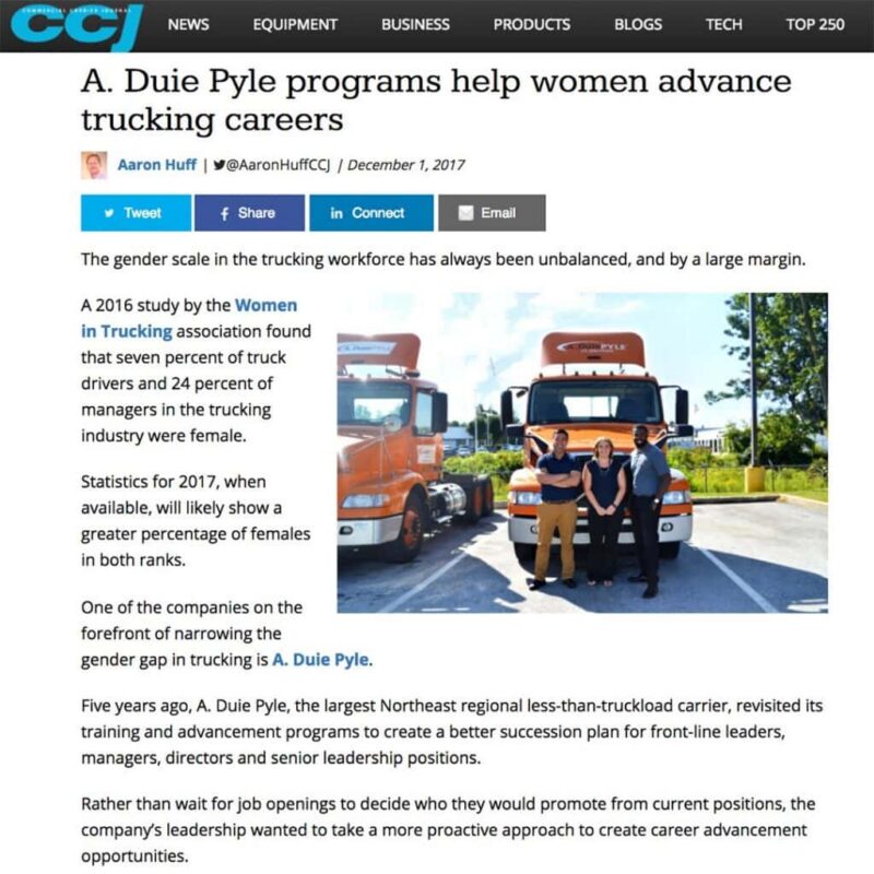 CCJ article on A. Duie Pyle programs helping women advance trucking careers