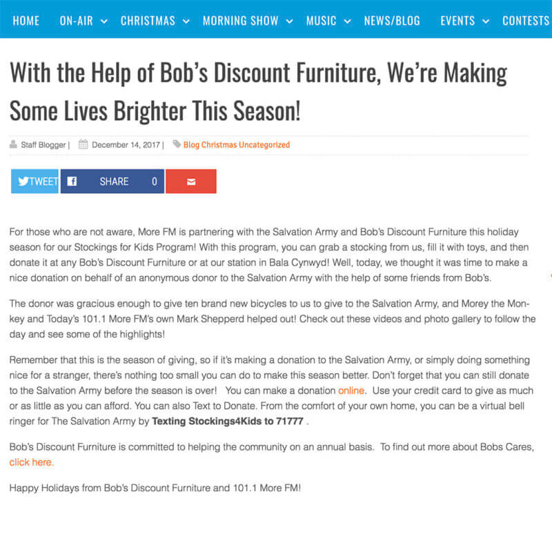 More FM and Bob's Discount Furniture partnering with Salvation Army for Stockings for Kids holiday program