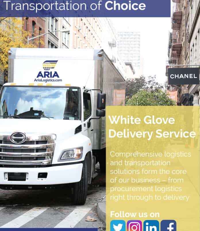 Aria Logistics white glove delivery truck outside Chanel store in New York City