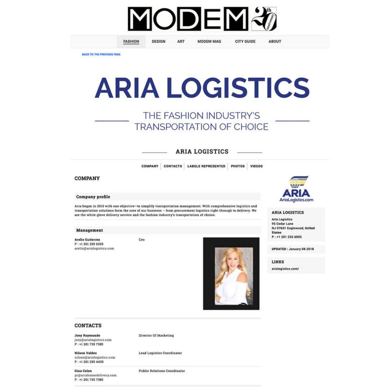 Aria Logistics company profile on Modem as the fashion industry's transportation of choice