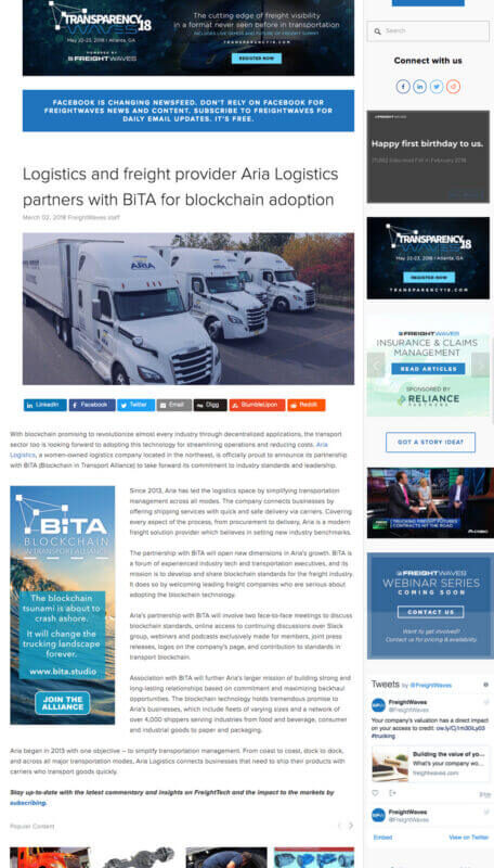 Aria Logistics and BiTA blockchain partnership article on FreightWaves