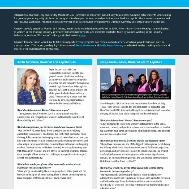Amazon Relay International Women's Day 2021 feature on Arelis Gutierrez owner of Aria Logistics LLC