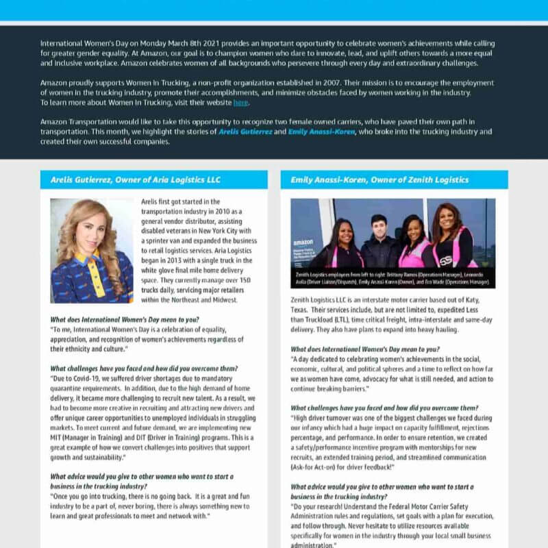 Amazon Relay International Women's Day 2021 feature on Arelis Gutierrez owner of Aria Logistics LLC