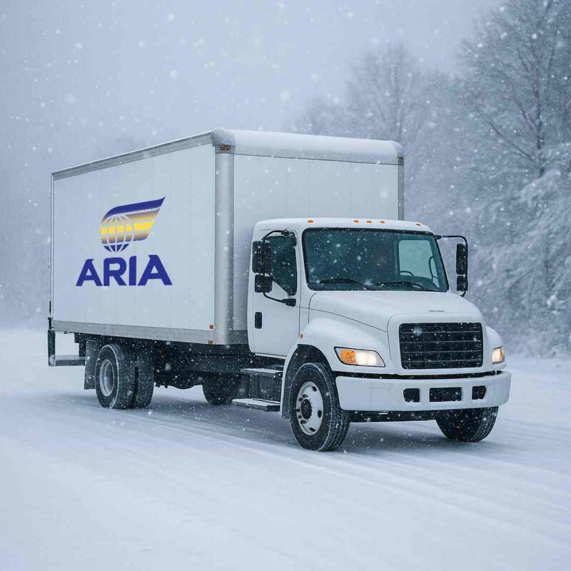 Aria Logistics delivery truck driving through heavy snowfall on a winter road