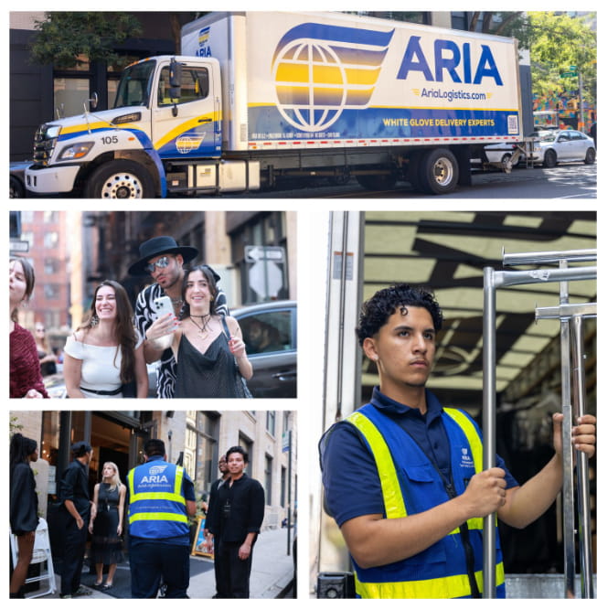 Aria Logistics white glove delivery truck and team at New York Fashion Week collage