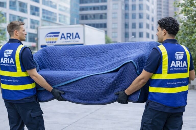 Two Aria Logistics delivery specialists carrying wrapped furniture for last mile delivery