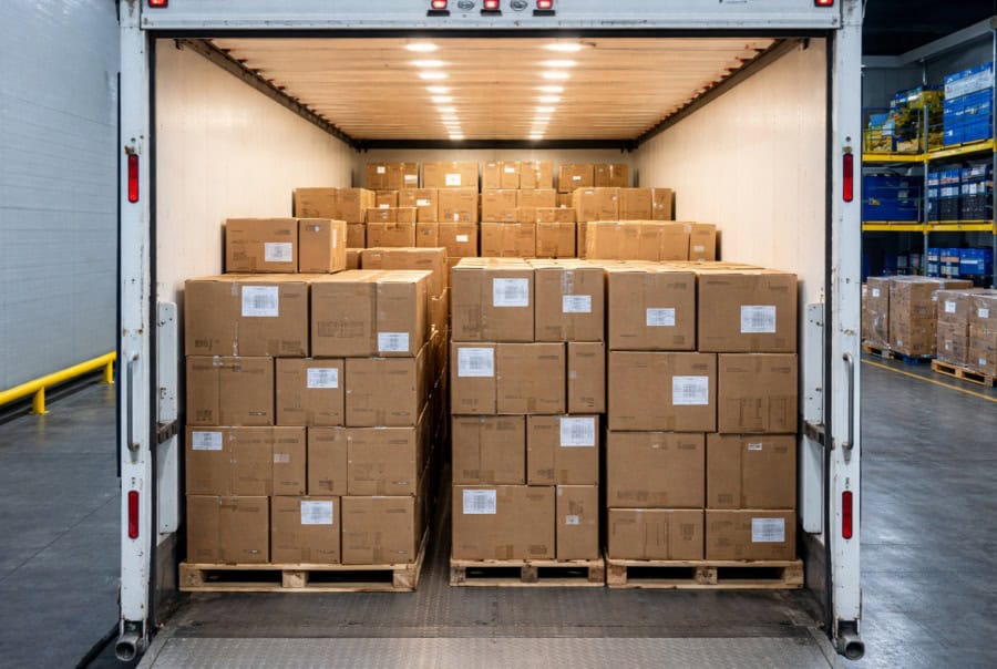 Aria Logistics dry cargo truck loaded with palletized boxes for dry van trucking services