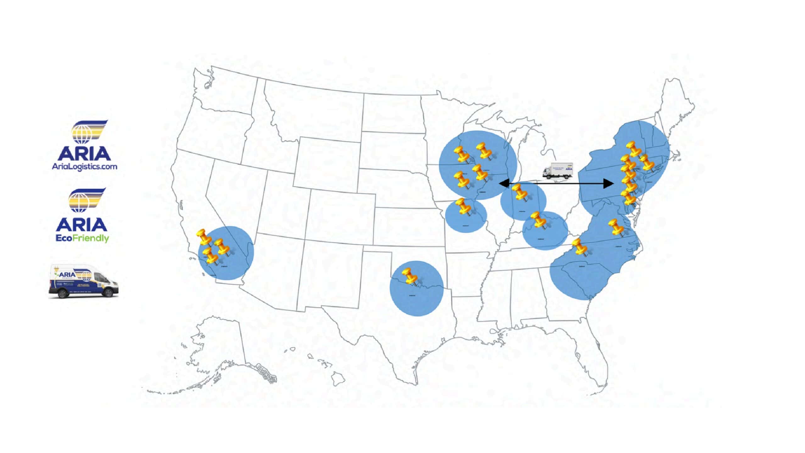 Aria Logistics US service area map showing delivery coverage across multiple regions nationwide