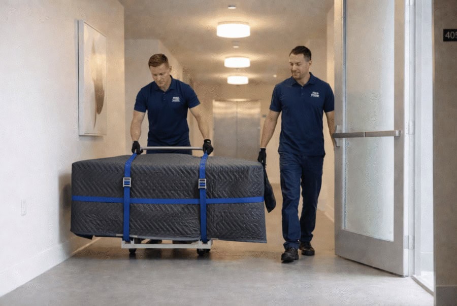 Two delivery professionals transporting wrapped furniture through a building hallway